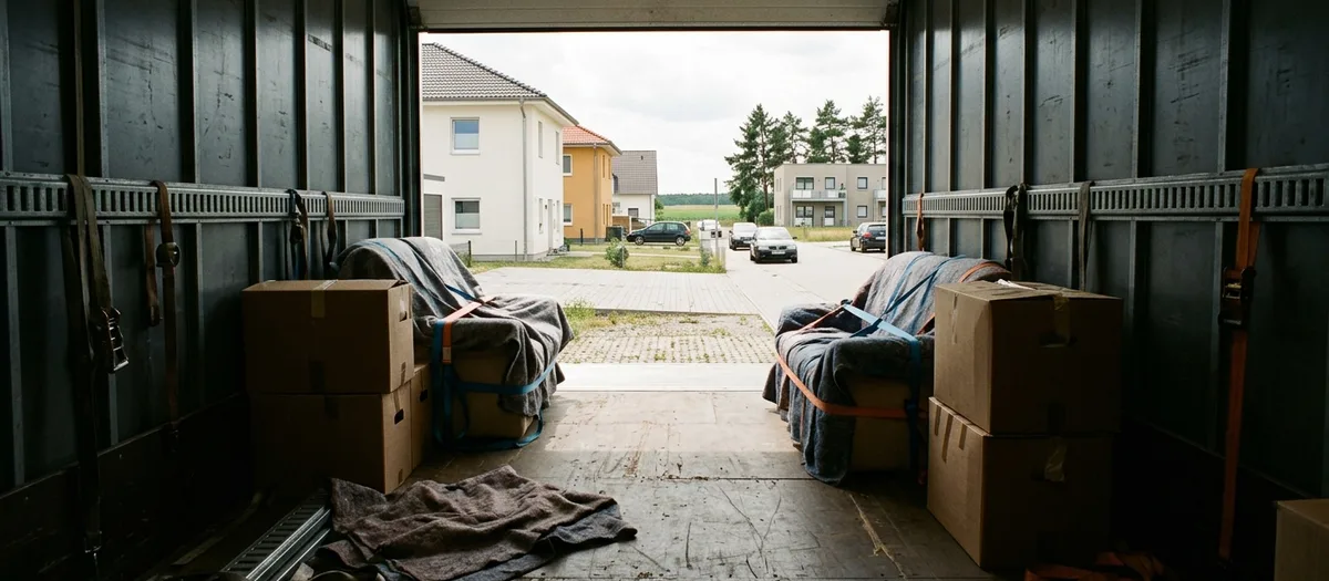 Blick aus dem Laderaum eines Möbelwagens durch die offenen Türen auf eine Wohnstraße