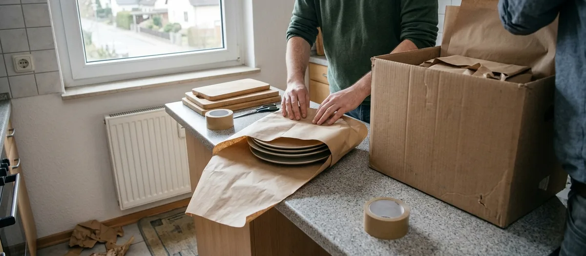 Teller werden auf der Arbeitsplatte in Packpapier gewickelt und in einen Karton gelegt